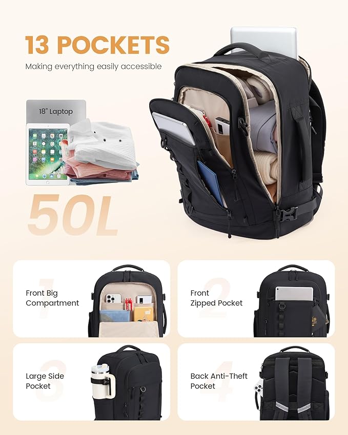 LOVEVOOK 50L Travel Backpack for Men Women, Waterproof Carry On Backpack for Work & Travel, Flight Approved Personal Item with 3 Packing Cubes, TSA Bag Fits 17.3" Laptop,Navy blue