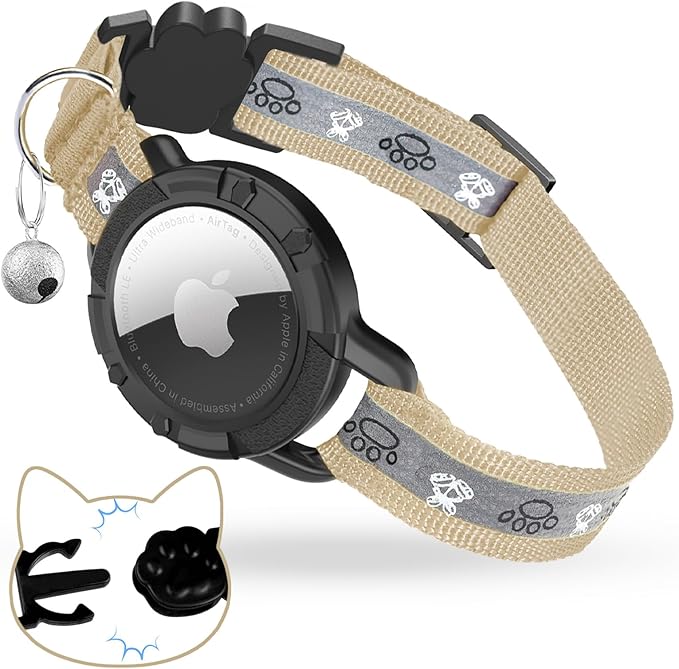 Breakaway AirTag Cat Collar, Reflective Cat Tracker Collar with Air Tag Holder and Bell, Safety Elastic Band Cat GPS Collars for Girl Boy Cats, Kittens and Puppies (Khaki, 8-13'')