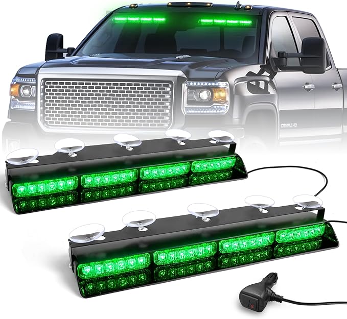 HLauto 6Z4J Emergency Dash Strobe Lights: 2x16.8 inch Green Safety Lights, 48 LED Flashing Warning Hazard Interior Windshield Visor Traffic Light Bar for Trucks, Construction Vehicles