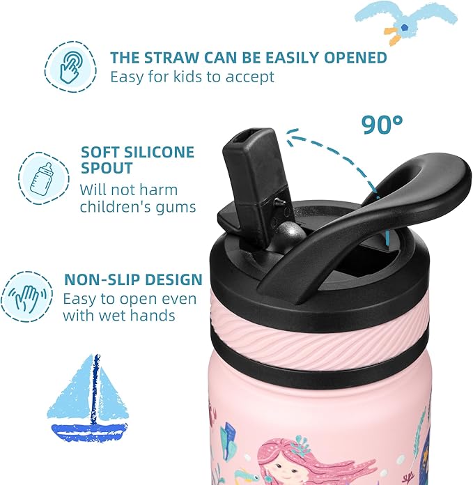 Fanhaw 18 Oz Kids Insulated Water Bottle with Straw - Stainless Steel Double Wall Vacuum Cup, Leakproof, BPA Free, Suitable for Boys and Girls(Pink - Sweat Mermaids)
