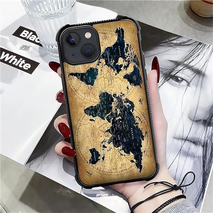 for iPhone 15 Plus Case, Brown World Map Pattern Made of Soft Silicone Hard Acrylic Shock Protection for iPhone 15 Plus