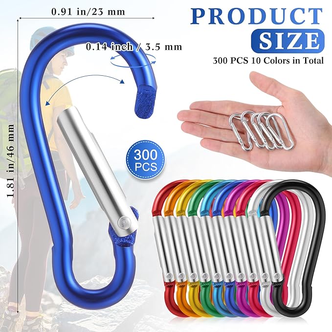 Yaocom 300 Pcs 2" Carabiner Bulk Small Carabiner Clip for Keys Spring Snap Hooks Aluminum Alloy Keychain Clip for Hanging Camping Backpacking Hiking Traveling Fishing Outdoor