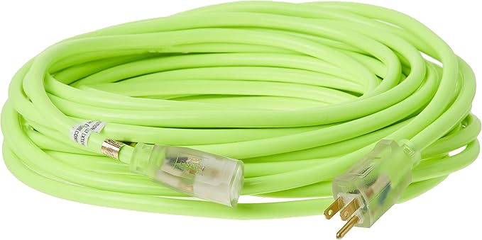 Southwire Heavy Duty Extension Cord, 50Ft, 12 Gauge, 3 Conductor, High Visibility Outdoor Cord, Lighted End, SJTW, Cool Green, 2578SW000X