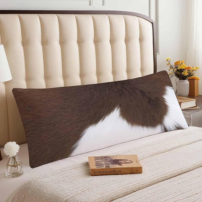 Decorative Home Body Pillow Covers Brown Cowhide, Body Pillow Cushion Cases Cow Skin Hairy Cattle Skin Lumbar Pillow Cover Body Pillowcase for Bedroom Couch Sofa 20x54 Inch