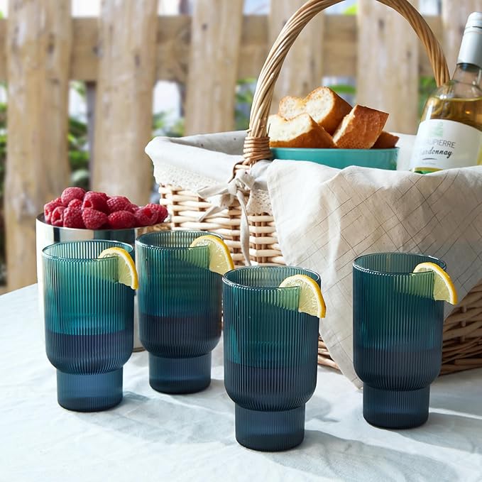 Shatterproof Acrylic Tall Drinking Glasses Set, European Style, Dishwasher Safe, Ribbed | Set of 4 | Fluted Tritan Drinkware, Unbreakable BPA-free Plastic, Reusable Stackable Glassware 14.5oz - Blue