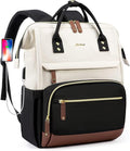 Focdod Laptop Backpack for Women, 17 Inch Work Business Backpacks Purse with USB Port, Large Capacity Doctor Nurse Bag Backbag, Waterproof Casual Daypack for Travel,Black-White-Brown