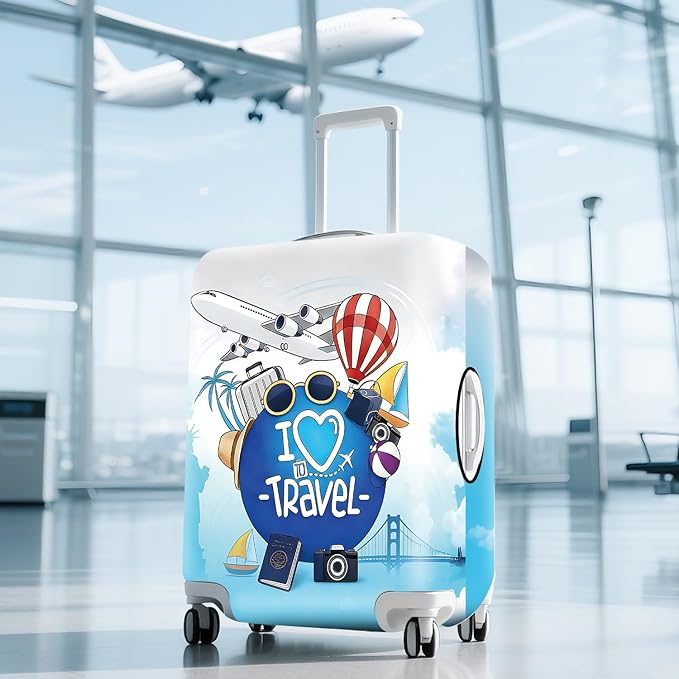 ANNA QUEEN I Love Travel Themed Luggage Cover,Stretchable Suitcase Protector Sleeve,Fit for 24-26 Inch Checked Baggage,Water Resistant & Durable Luggage Protector