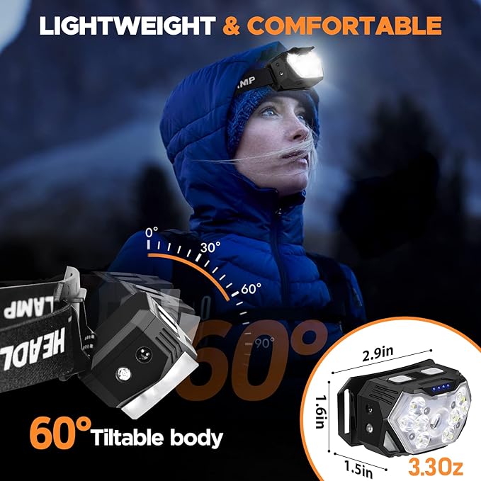 9 LED Headlamp Rechargeable 1 Pack, 2000 Lumens Super Bright Head Lamp with Red Light, 10 Modes, Motion Sensor and Adjustable, IPX5 Waterproof Headlight for Camping Hiking Running