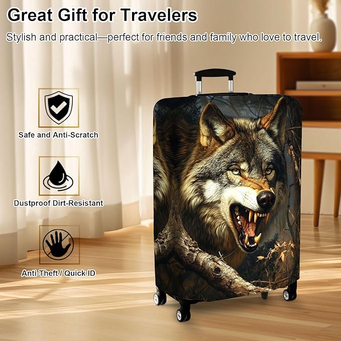 Luggage Cover Protector for 26-28 Inch Suitcases, TSA Approved Elastic Travel Suitcase Covers, Anti-Scratch Washable Luggage Sleeve for Carry On & Checked Bags, Fierce Wolf