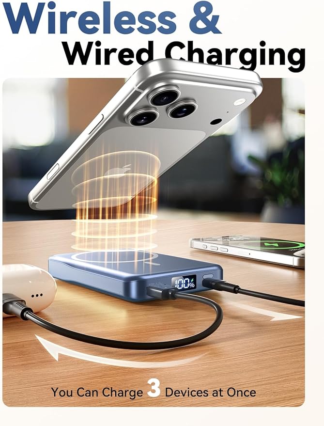 Aobbow Magnetic Portable Charger, 10000mAh for Magsafe Battery Pack, 20W Fast Charging Power Bank, Travel Essential of Wireless Charger Compatible with iPhone 17/16/15/14/13 Pro/Max/Air/Plus-DarkBlue