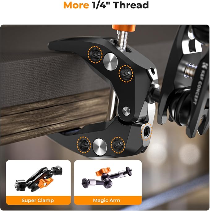 K&F CONCEPT Camera Clamp Mount, Super Clamp Mount Magic Arm with Two 360° Ball Heads, ARRI 1/4" Screw Threads for DSLRs, Action Camera, Tripod, Phone Compatible with Gopro/DJI/Insta360