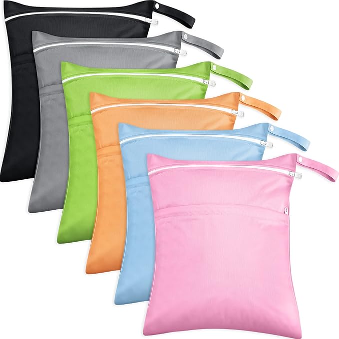 Kenning 6 Pack Wet Dry Bags Waterproof Reusable Cloth Diaper Storage Pouches with Double Zipper Compartments for Swimsuits Gym Clothes Travel Baby Essentials Beach Pool Daycare Laundry Organization