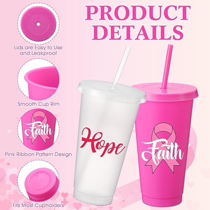 Willinglong 60 Pack Breast Cancer Awareness Gifts Plastic Cups with Lids and Straws 24oz October Pink Ribbon Tumblers in 12 Designs Party Favor Supplies for Women Events Fundraisers Office
