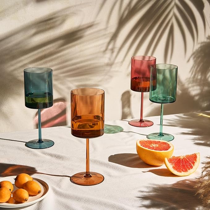 Unbreakable Stemmed Square Tritan Acrylic Floating Wine Glasses European Style | Set of 4 | 100% US Drinkware, 18 oz Dishwasher Safe Muted Color Shatterproof BPA-free plastic, All Purpose Glassware