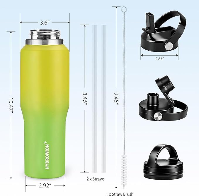 HYDROWION Water Bottle Stainless Steel,Vacuum Insulated Leak Proof Tumbler 32oz with Straw Lid, Spout Lid and Flex Cap(Cold for 48 Hrs, Hot for 24 Hrs), Fit in Any Car Cup Holder, Yellow&Green