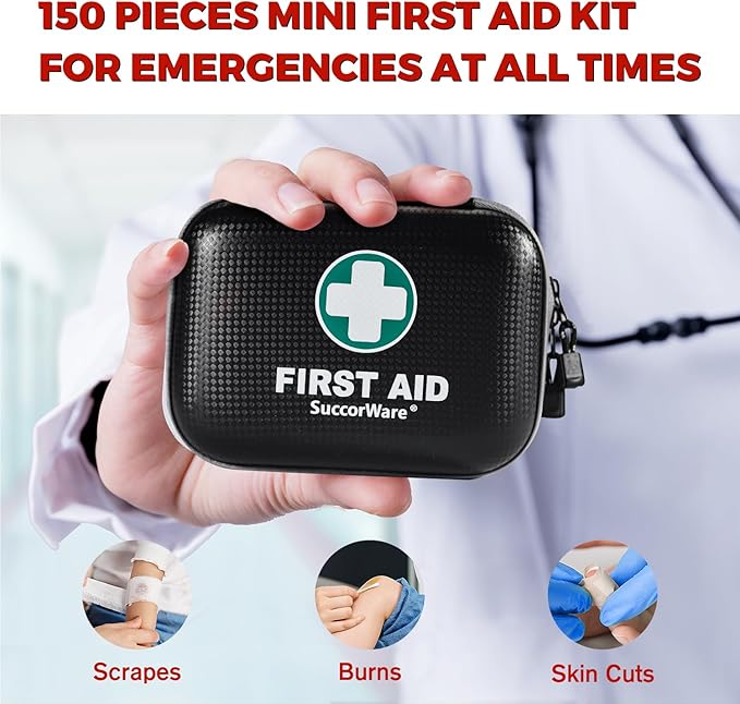 SuccorWare 150 Pieces Mini First Aid Kit - Small Medical Kit with Hard Shell - Emergency First Aid Kit for Car, Travel, Home, Outdoor, Office, Camping, Hiking (Black)