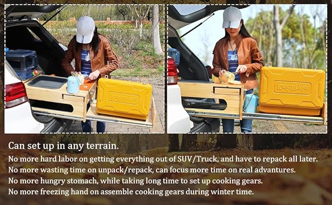 Wooden Overland Camping Slide-Out Kitchen with Drawer, Left Side, for SUV/Storage Space, for 2 Burners Stove, Folding Design