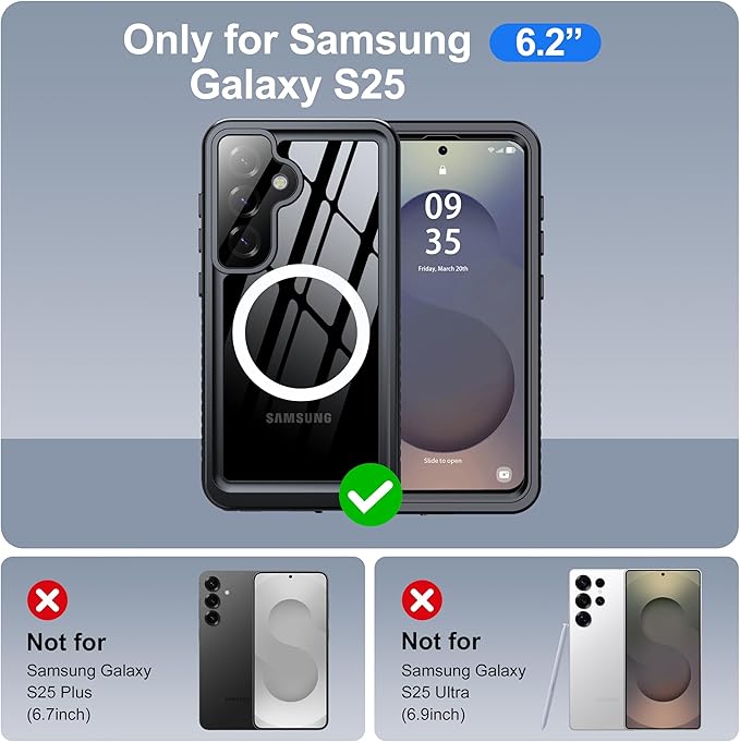 ANTSHARE IP68 Waterproof Case for Samsung Galaxy S25 [2025] - MagSafe Compatible, Built-in Screen/Lens Protector - Shockproof Full Body Protection for Swimming/Outdoor, Black/Clear