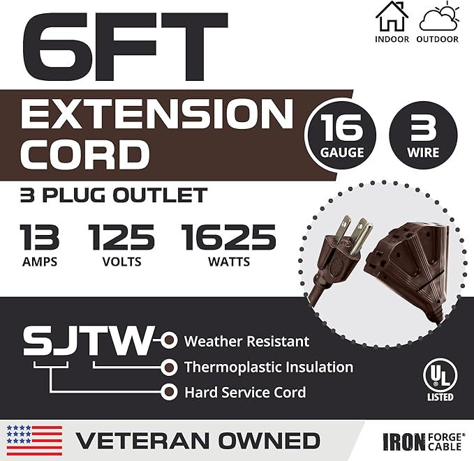 Iron Forge Cable 6ft Brown Outdoor Extension Cord with 3 Outlets - 16/3 SJTW 6ft Extension Cord 3 Prong, 13 Amp All-Weather Heavy Duty Power Cable