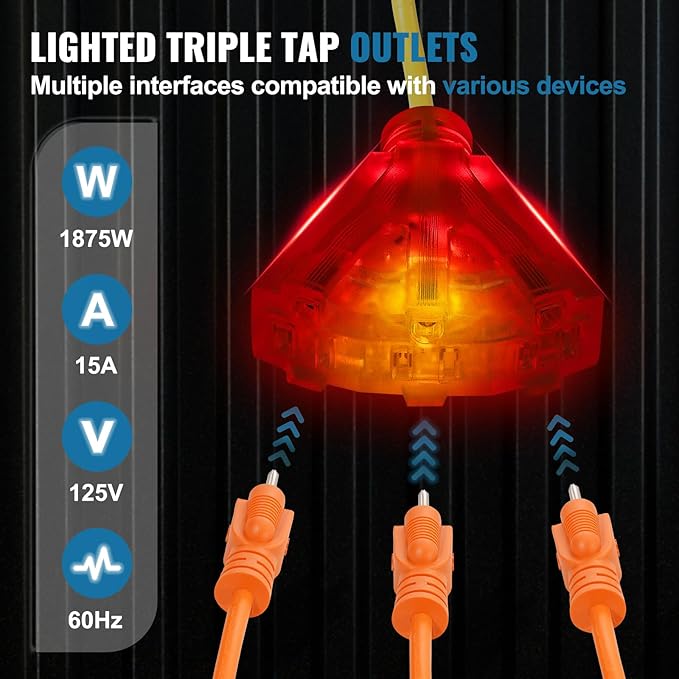 VEVOR 80FT Retractable Extension Cord Reel, 12AWG/3C SJTOW Heavy Duty Power Cord w/Lighted Electrical Triple Tap Outlets, 15A Circuit Breaker,180° Swivel Bracket for Workshop or Garage, Yellow