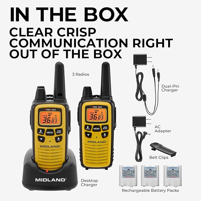 Midland LXT630X3VP3 FRS Walkie Talkies - Long Range 36-Channel Two-Way Radios, NOAA Weather Alerts (3-Pack, Yellow - Black)