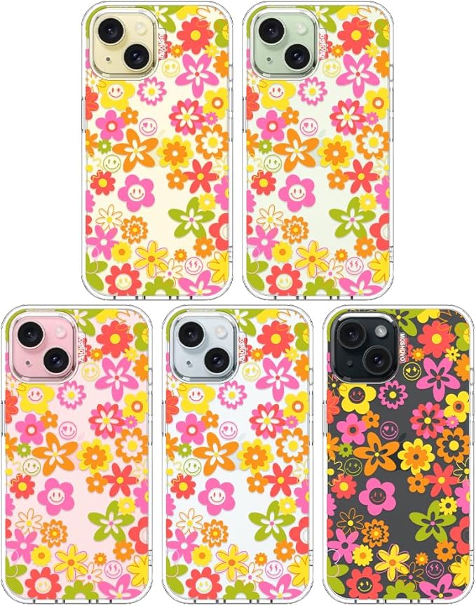 MOSNOVO Case for iPhone 15, [Buffertech 6.6ft Military-Grade Drop Protection] [Anti Peel Off Tech] Clear TPU Bumper Phone Case Cover Design - 70's Groovy Floral