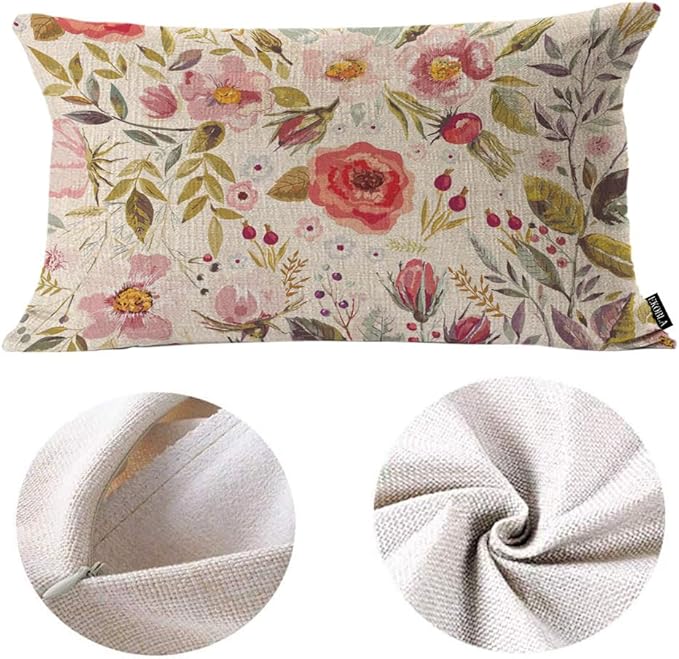 EKOBLA Peony Flower Decorative Throw Pillow Case Vintage Hand Drawn Floral Colorful Leaves Lumber Pillow Cases for Outdoor Square Couch Chair Cushion Cover Cotton Linen 12x20 Inches