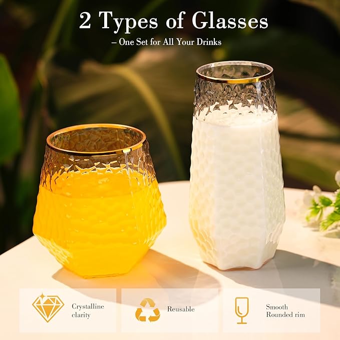 48 Pack Plastic Wine Glasses – 24 x 9oz Stemless Champagne Flutes & 24 x 12oz Disposable Wine Glasses – Elegant Disposable Plastic Cups with Gold Rim – BPA-Free Drinkware for Weddings, Parties-Spiral