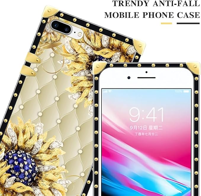 Compatible with iPhone 8 7 SE Case, Sunflower Diamonds Leather Luxury Golden Decoration for Girl Women Soft TPU Shockproof Protective Hard PC Back for iPhone 8 7 SE