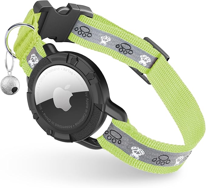 Reflective AirTag Cat Collar, Integrated Cat Tracker Collar with Air Tag Holder and Bell, Safety Elastic Band Cat GPS Collars for Girl Boy Cats, Kittens and Puppies (Olive,XS)