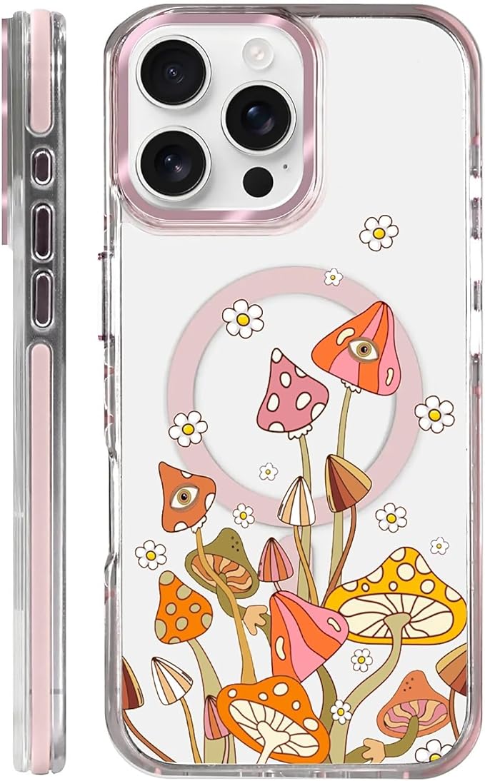Case for iPhone 16 Pro,[Compatible with MagSafe],Retro Mushroom Sunflower Phone Case Design，for Women Girls Magnetic Clear Cover - Slim, Sleek, & Shockproof Protection