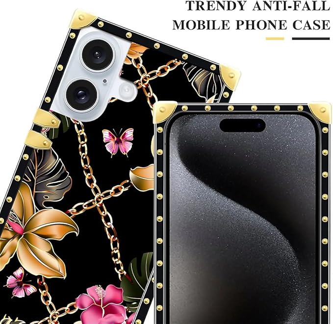 Compatible with iPhone 16 Case, Pink Golden Chain Tropical Flower Luxury Golden Decoration for Girl Women Soft TPU Shockproof Protective Hard PC Back
