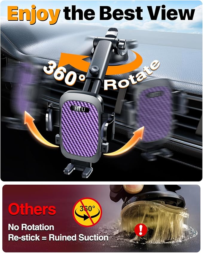 HTU 2026 Ultimate Best【True Military-Grade & Safety Cert】Car Phone Holder【Upgraded 360 Rotation & 100+LBS Strongest Suction】5-in-1 Truck Windshield Dashboard Vent Mount Stand for iPhone Android,Purple