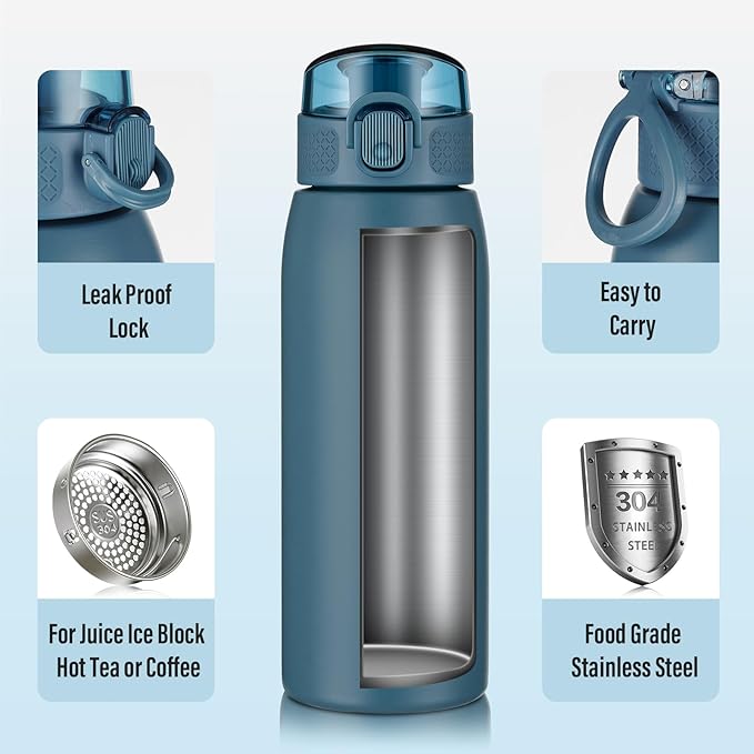 Insulated Water Bottle 18 oz with Dustproof Lid, Carry Handle & Tea Infuser, BPA-Free & Leakproof, Stainless Steel Water Bottles Ideal for Fitness, Hiking, Office & Outdoor Use （Navy Blue ）