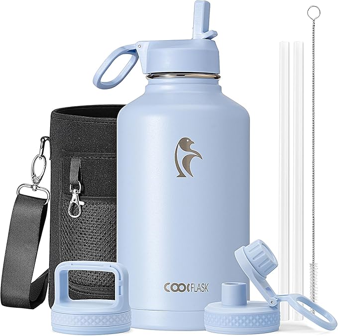 Half Gallon Water Bottle Insulated with Straw & 3 Lids, Coolflask 64 oz Water Jug Large Metal Stainless Steel Wide Mouth for Sports, Gym or Office, Non-BPA Keep Cold 48H Hot 24H, Light Blue