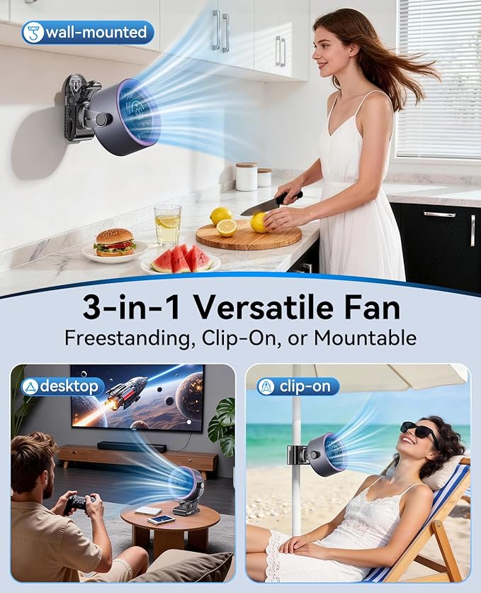 KIMMOO 4000mAh Rechargeable Portable Clip on Fan-100-Speed Touch Control, LED Display, 360° Rotate Quiet Turbo Desk Fan, Small Battery Operated USB Fan for Stroller Bed Travel Camping Golf Gym (Grey)