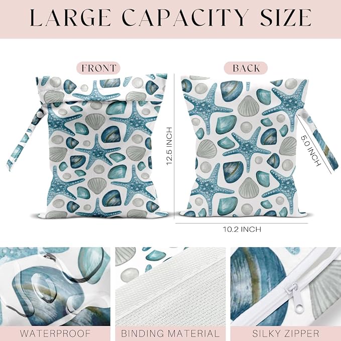 4 Pcs Wet Bag, Wet Dry Bag, Waterproof Bag, Swimsuit, Beach Bag, Wet Bag for Pool, Beach, Diapers, Nanobag, Cruise Ship Essentials, Starfish Accessories Travel Essentials for Women