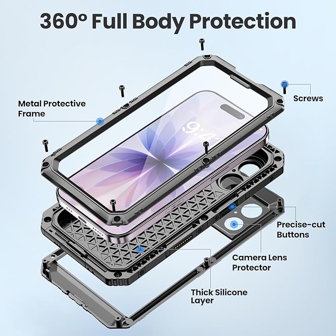Mitywah Waterproof Case for iPhone 17, Rugged Metal Case with Built-in Screen Protector, Heavy Duty Full Body Shockproof Protective Cover 6.3 inch, Black