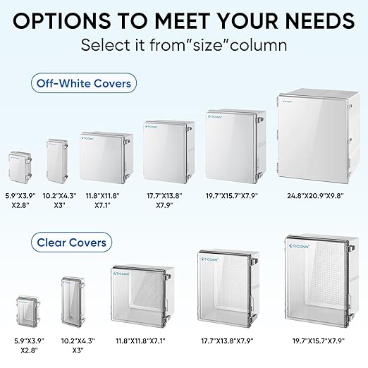 TICONN Outdoor Electrical Box Waterproof, Junction Box IP67 ABS Plastic Enclosure with Hinged Cover with Mounting Plate, Wall Brackets, Cable Glands (Clear, 10.2"x4.3"x3.0")