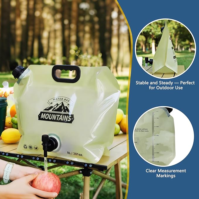 Water Jug Camping 2.1 Gallon Collapsible with Spigot, BPA Free Portable Water Pouch Foldable Water Bags for Outdoor Hiking, Travel and Emergency & Water Storage Containers (Beige-2Pcs)