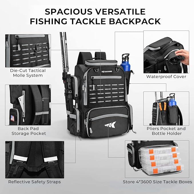 KastKing Bait Boss Fishing Tackle Backpack with Rod Holders-4 Tackle Boxes-Rain Cover,45/43L Large Storage for Fishing Gear