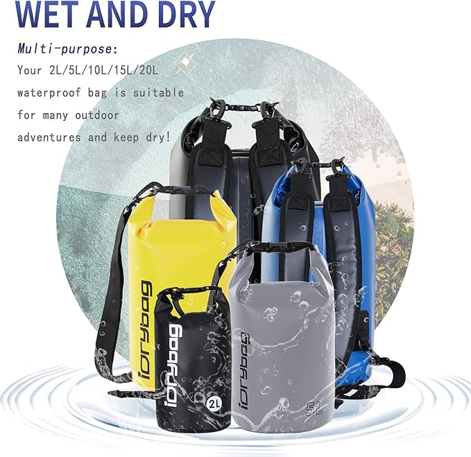 IDRYBAG Dry Bag for Kayaking Waterproof 2L/5L/10L/15L/20L, Small Dry Sack Waterproof Bag for Boating