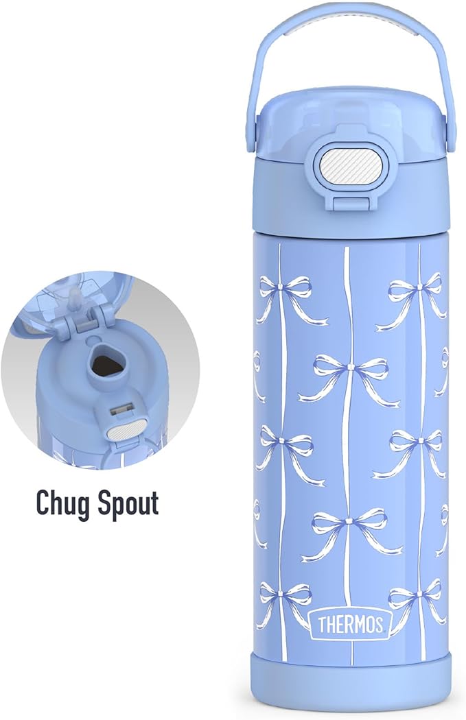 THERMOS FUNTAINER 16 Ounce Stainless Steel Vacuum Insulated Bottle with Wide Spout Lid, Blue Bows