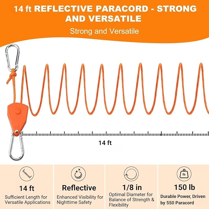 Longer 14ft Retractable Paracord Rope Tie Down Ratchet Strap Small Straps Mini Rope Cam Lock Tent Canopy Tie Down Adjustable Outdoor Windproof Tightener Tensioner Hanger Grow Light 4 Pack 1/8"