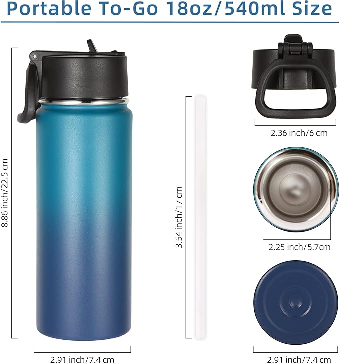 Volhoply 18oz Insulated Water Bottle Bulk 4 Pack,Kids Stainless Steel Water Bottles with Straw Lid,Double Wall Vacuum Reusable Metal Cups,Wide Mouth Sports Flask Keep Hot and Cold(Dark Night,4 Set)