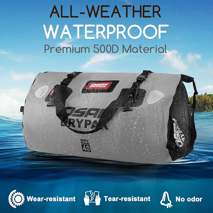 OSAH DRYPAK Waterproof Duffel Bag - Motorcycle Dry Bag Tail Bag with Large Storage Space, Waterproof Luggage Duffle Bags with Outer Mesh Zipper Pocket for Camping, Kayaking, Fishing & Traveling