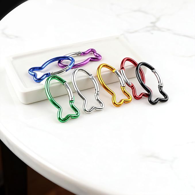7Pcs Cute Fish Shape Carabiner Clips, 2.4inch Colorful Mini Aluminum Alloy Spring Keychain Key Ring