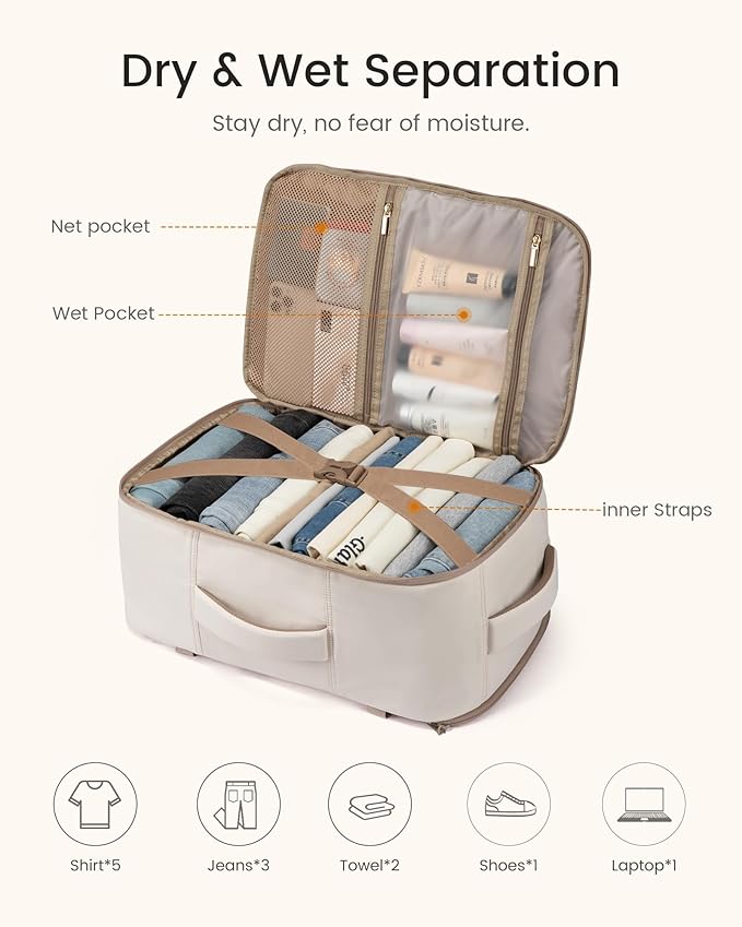 LOVEVOOK 40L Travel Backpack for Women Men, TSA Personal Item Travel Bag Fits 17.3inch Laptop, Waterproof Airline Approved Carry On Luggage With 2 Cubes for Weekender Hiking Business, Beige