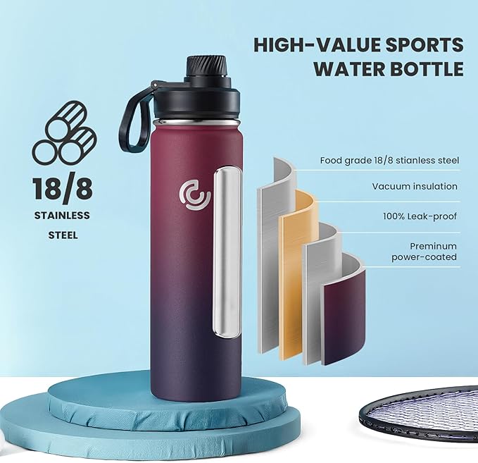 Sports Water Bottle 22oz, Insulated Water Bottle with Handle,Stainless Steel,Simple Modern,Suitable for Travel, School, Boy, Girl(Midnight)