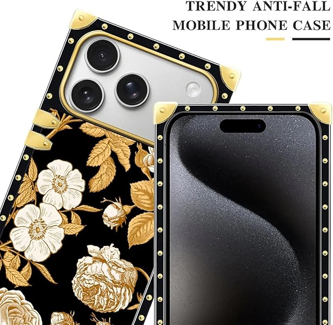 for iPhone 17 Pro Case Luxury Golden Decoration for Girl Women Soft TPU Shockproof Protective Hard PC Back for iPhone 17 Pro Crazy Pattern Blooming Rose Golden Flower